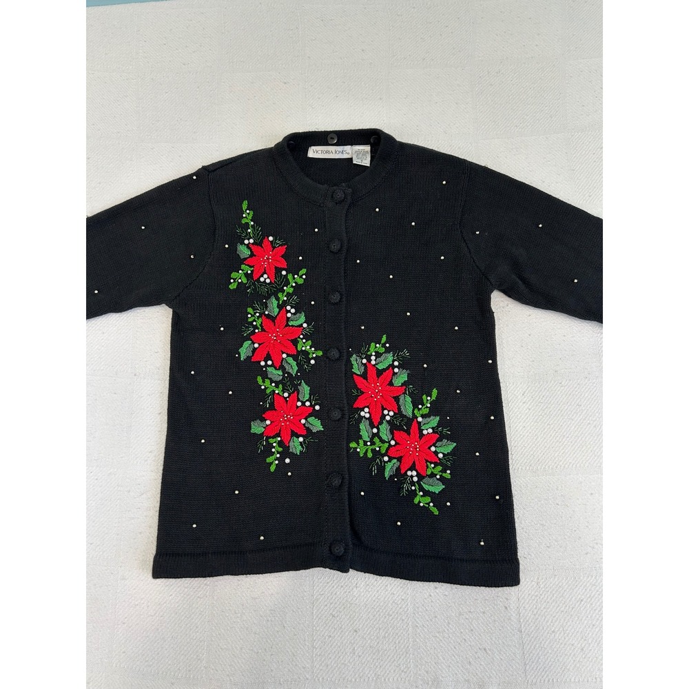 Victoria Jones Poinsettia Cardigan Black Beaded Christmas Sweater Faux Fur Small